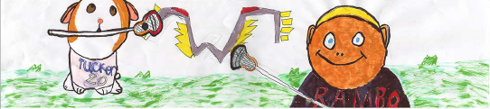 Coloring Content Finalist Caleb Neko's drawing of a dog wearing a Tucker #20 jersey and holding a lacrosse stick in his mouth, a Wings logo in the middle, and a smiling boy with blonde hair and blue eyes holding a lacrosse stick.