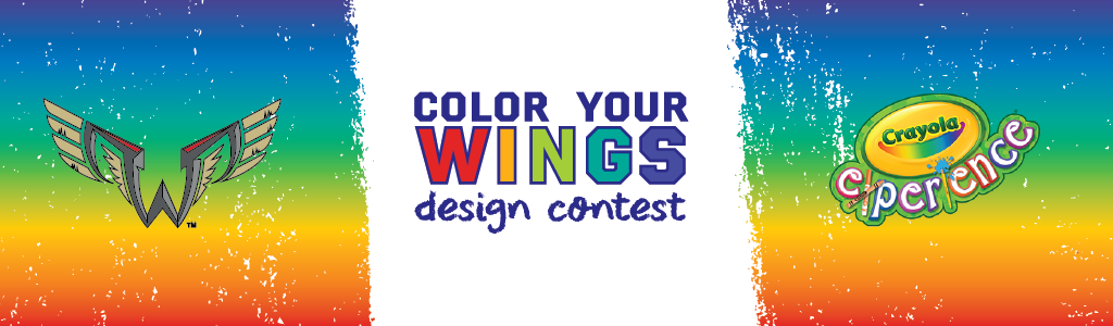 Color Your Wings Design Contest Banner, image appears colored by crayons. Wings logo on the left, Color Your Wings Design Contest in the middle and Crayola Experience logo on right